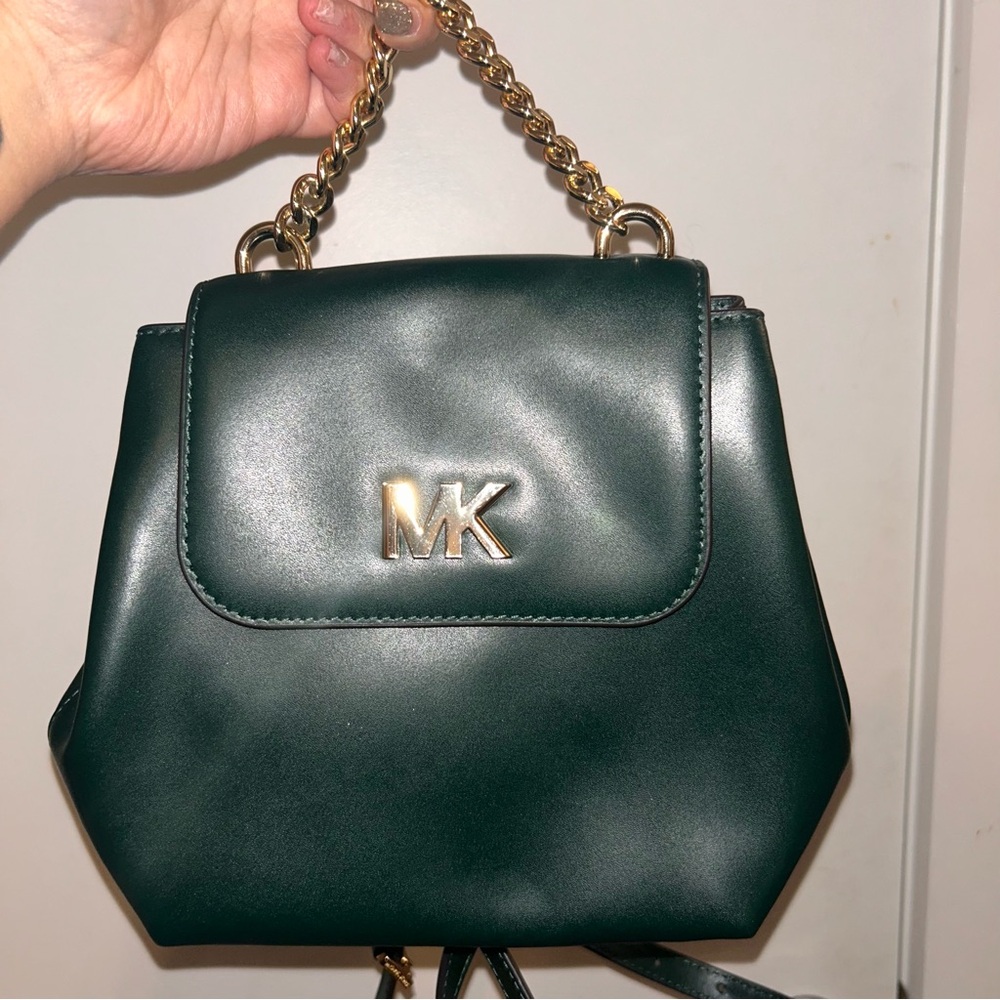 Michael Kors Dark Green Backpack with Gold Chain